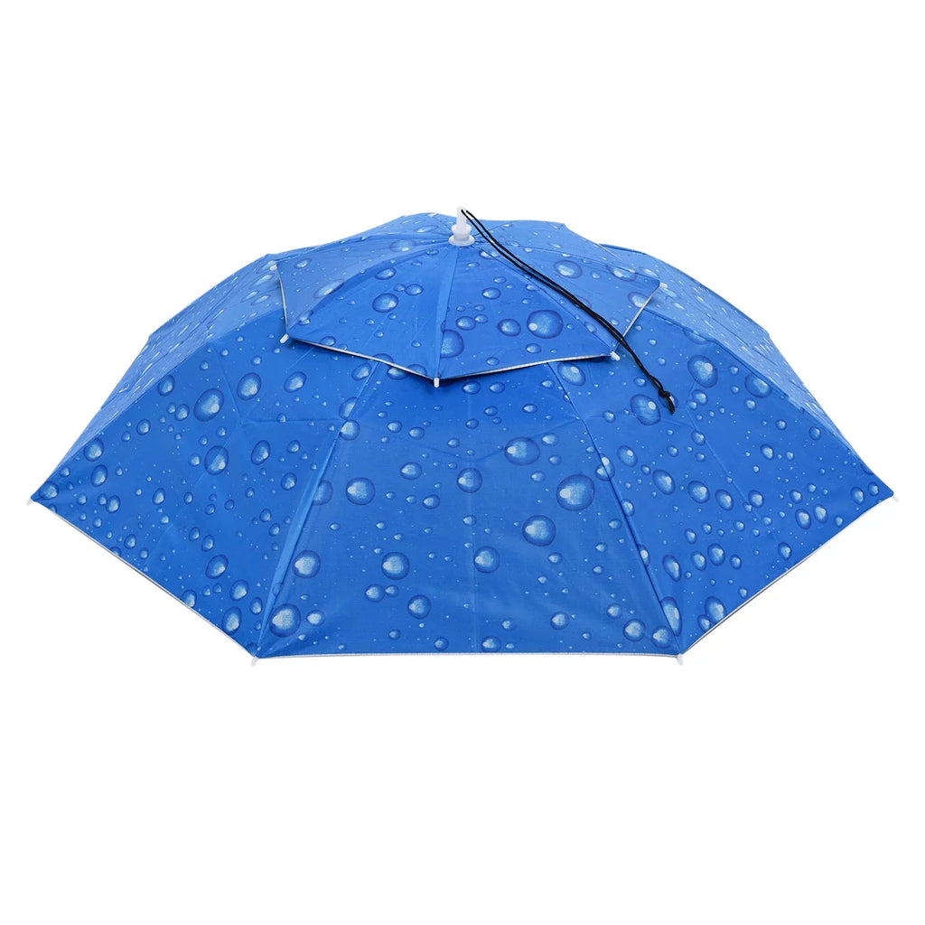 Uxcell OD 37.4" Umbrella Hat; Oxford Fabric Folding Double Layer Sun Rain Cap with Head Strip; Blue