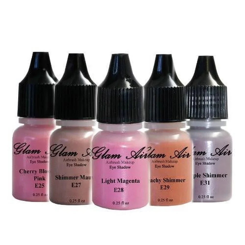 Set of Five (5) Shades of Glam Air Airbrush Eye Shadow Makeup E25 Cherry Blossom Pink; E27 Shimmer Mauve; E28 Light Magenta; E29 Peachy Shimmer; and E31 Purple Shimmer Water-based Formula Last All Day
