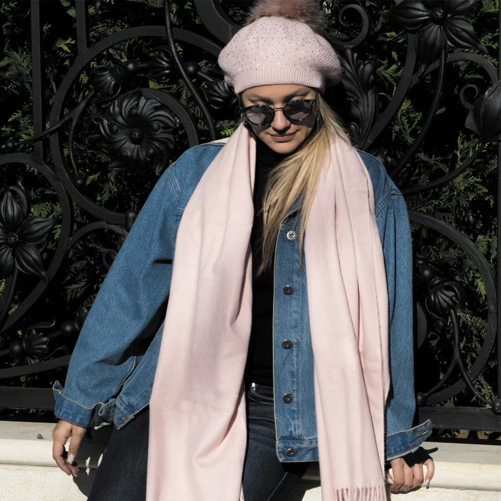 Dreamy Scarf with Tassels 27.6x74.8-inch Virgin Wool Soft Pink Warm Scarf for Women