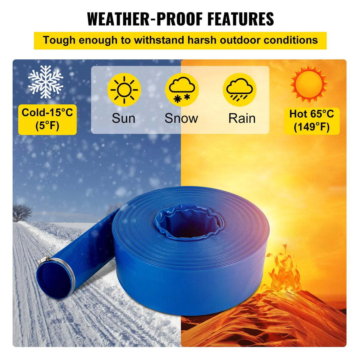 VEVOR Discharge Hose; 1-12" x 105'; Fabric Lay Flat Hose; Heavy Duty Backwash Drain Hose with Clamps; Weather-proof & Burst-proof; Ideal for Swimming Pool & Water Transfer; Blue