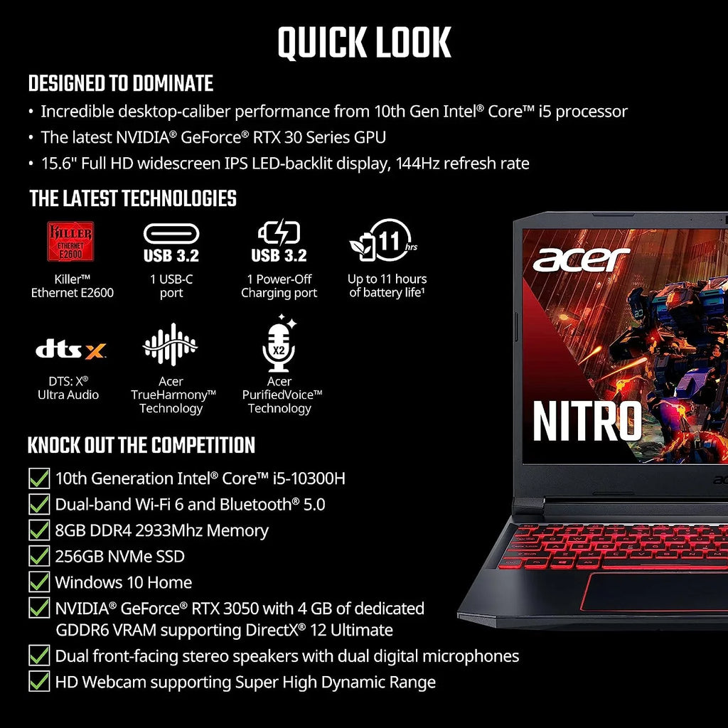 Acer Nitro 5 15.6-cm 144hz IPS Gaming Laptop + High Quality 6ft HDMI Cable + LCD Screen Cleaner + Wired Stereo Gaming Headset + Gaming Mouse