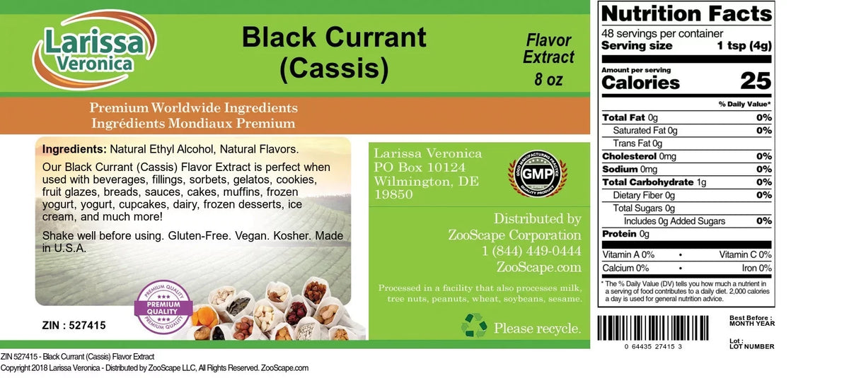 Larissa Veronica Black Currant (Cassis) Flavor Extract; (Black Currant (Cassis); 8 oz; 2-Pack; Zin: 527415)
