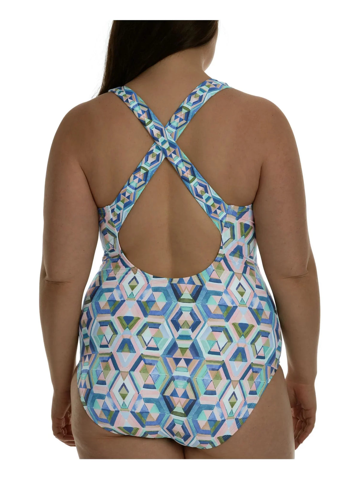 LA BLANCA Women's Multi Color Geometric Tummy Control Removable Soft Cups Surplice One Piece Swimsuit 20W; Cross Back Straps