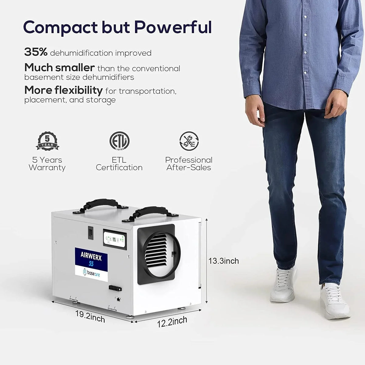 Refine Air Treatment BaseAire 113 Pint Commercial Dehumidifier with Drain Hose for Crawl Spaces; Basements; Auto Defrost; Memory Starting