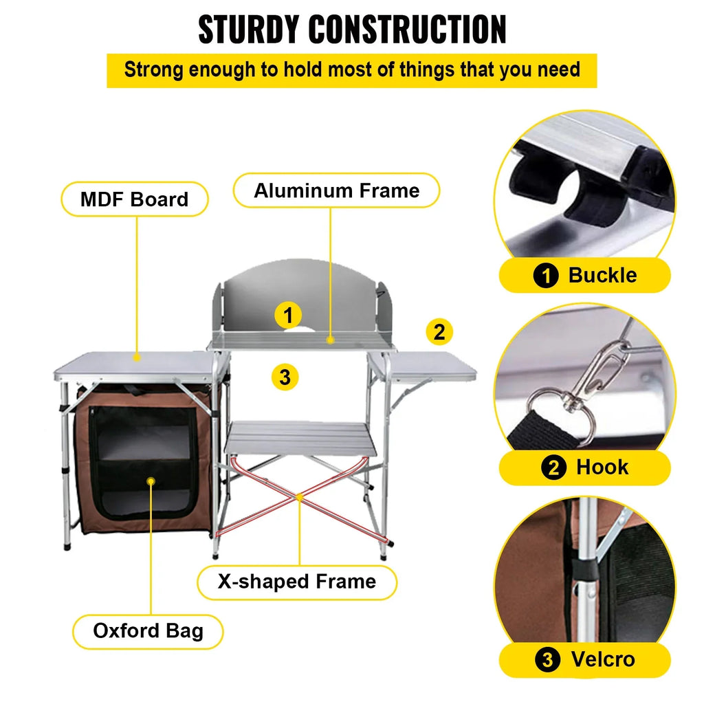 Portable Folding Cook Table for BBQ; Party; Camping; Brown Color; Outdoor Camp Table 2-Tier; Camping Kitchen Table with Zippered Bag