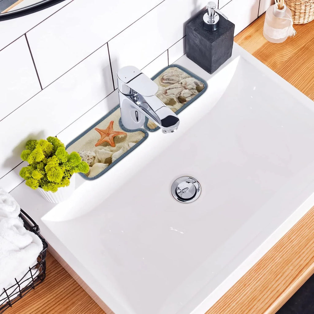 Bestwell 3PCS Faucet Absorbent Mat; Sea Beach Starfishes Summer Washable Sink Splash Guard Drip Catcher; Kitchen Bath Countertop Sinkmat Microfiber Drying Mats
