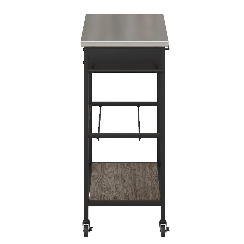 Novogratz Nora Multifunctional Kitchen Cart; Wine Rack and Pantry Storage; Stainless Steel and Black Metal; Brown