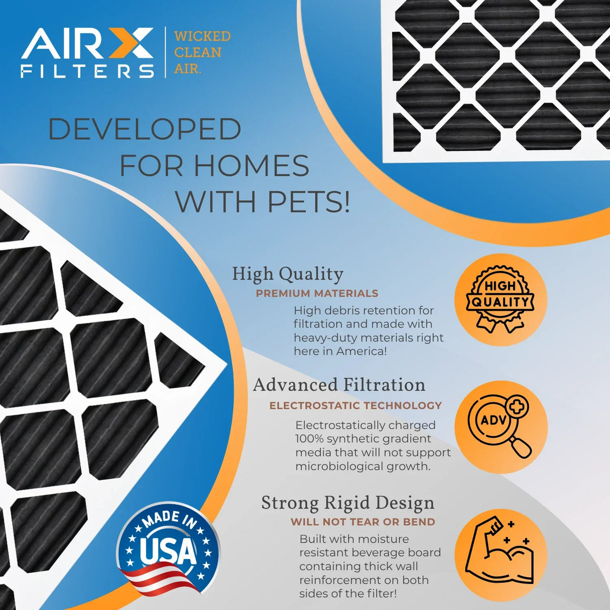 16x20x1 Air Filter MERV 8 Rating; 12 Pack of Furnace Filters Comparable to MPR 700; FPR 5; Pet Odor Retention Filters - Made in USA by AIRX FILTERS WICKED CLEAN AIR.