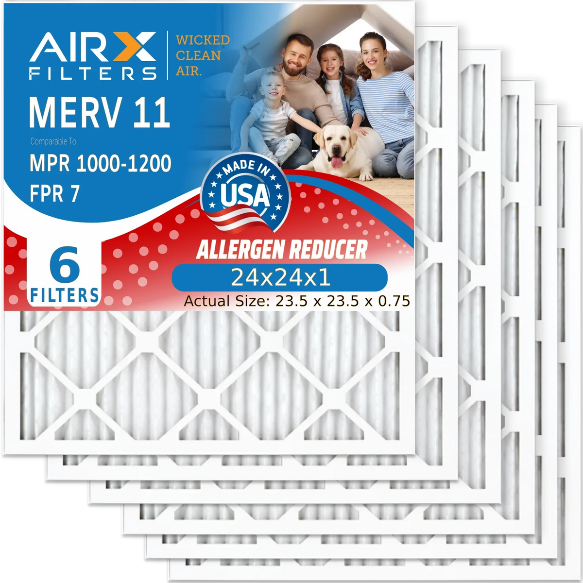 24x24x1 Air Filter MERV 11 Comparable to MPR 1000; MPR 1200 & FPR 7 Electrostatic Pleated Air Conditioner Filter 6 Pack HVAC Premium USA Made 24x24x1 Furnace Filters by AIRX FILTERS WICKED CLEAN AIR.