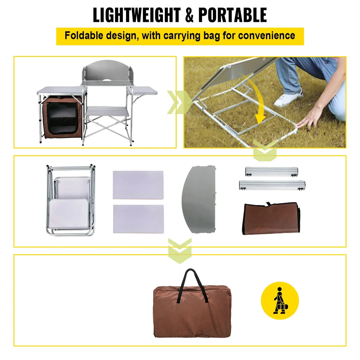 Portable Folding Cook Table for BBQ; Party; Camping; Brown Color; Outdoor Camp Table 2-Tier; Camping Kitchen Table with Zippered Bag