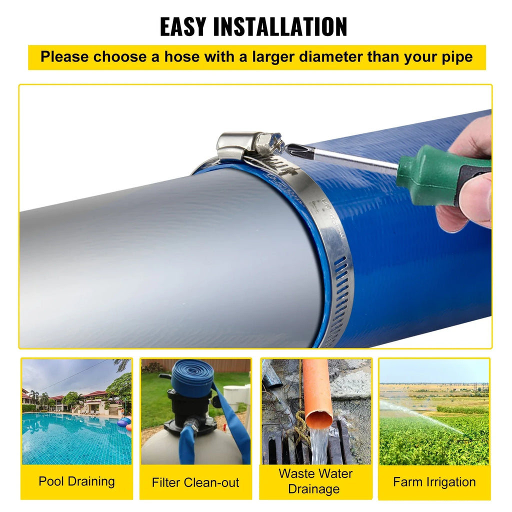 BENTISM Discharge Hose; 1-1/2" x 105'; Fabric Lay Flat Hose; Heavy Duty Backwash Drain Hose with Clamps; Weather-proof & Burst-proof; Ideal for Swimming Pool & Water Transfer