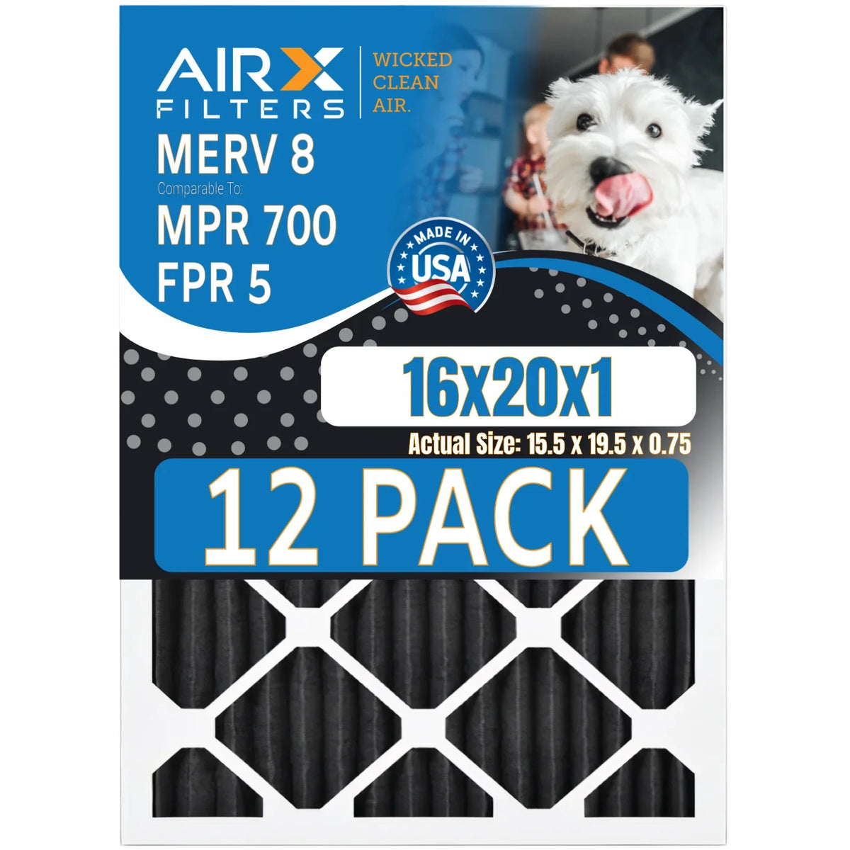 16x20x1 Air Filter MERV 8 Rating; 12 Pack of Furnace Filters Comparable to MPR 700; FPR 5; Pet Odor Retention Filters - Made in USA by AIRX FILTERS WICKED CLEAN AIR.