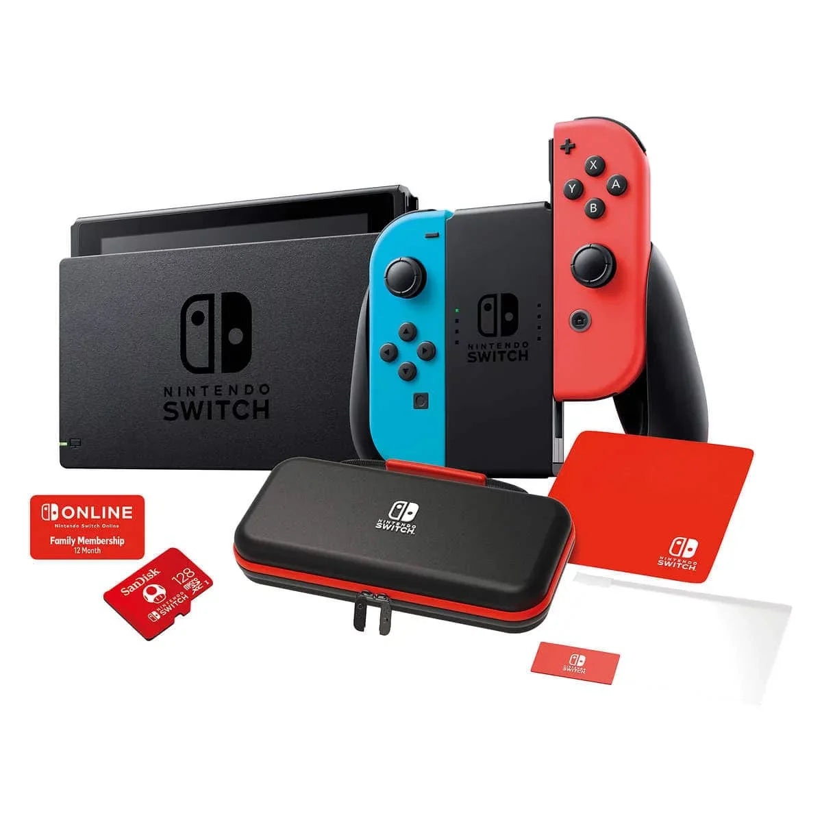 New Nintendo Switch 4 items Bundle Nintendo Switch Console with Neon Red and Blue Joy-Cons; 128GB MicroSD; Case; and 12-month family membership