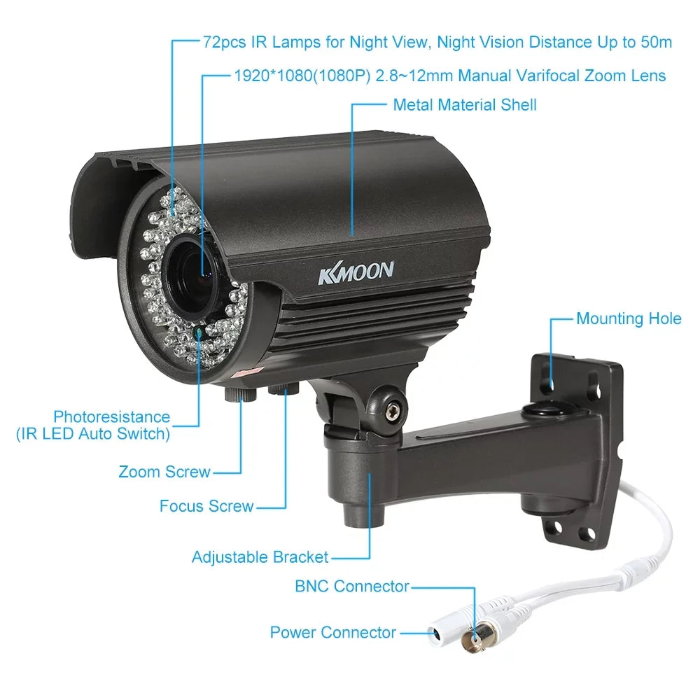 1080P AHD CCTV Analog Camera with 2.8~12mm Manual Zoom Varifocal Lens - 1/3” Sony CMOS 2.0MP; IR-CUT 72 IR LEDs; Night Vision; Weatherproof; Indoor Use; PAL System