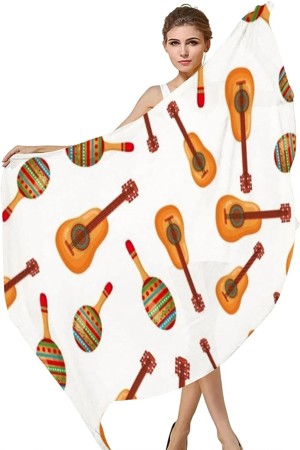 Hyjoy Mexican Culture Maracas And Guitars Pattern Long Silk Neck Scarf Lightweight Shawl Wrap Scarves for Women Girls