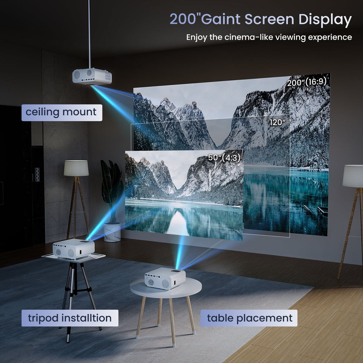 AUOSHI Projector with Wifi and Bluetooth; 4K Support 1080P Mini Projector ; Video Projector For Home Theater ; 12000LM Portable Outdoor Movie Projector 5G/2.4G