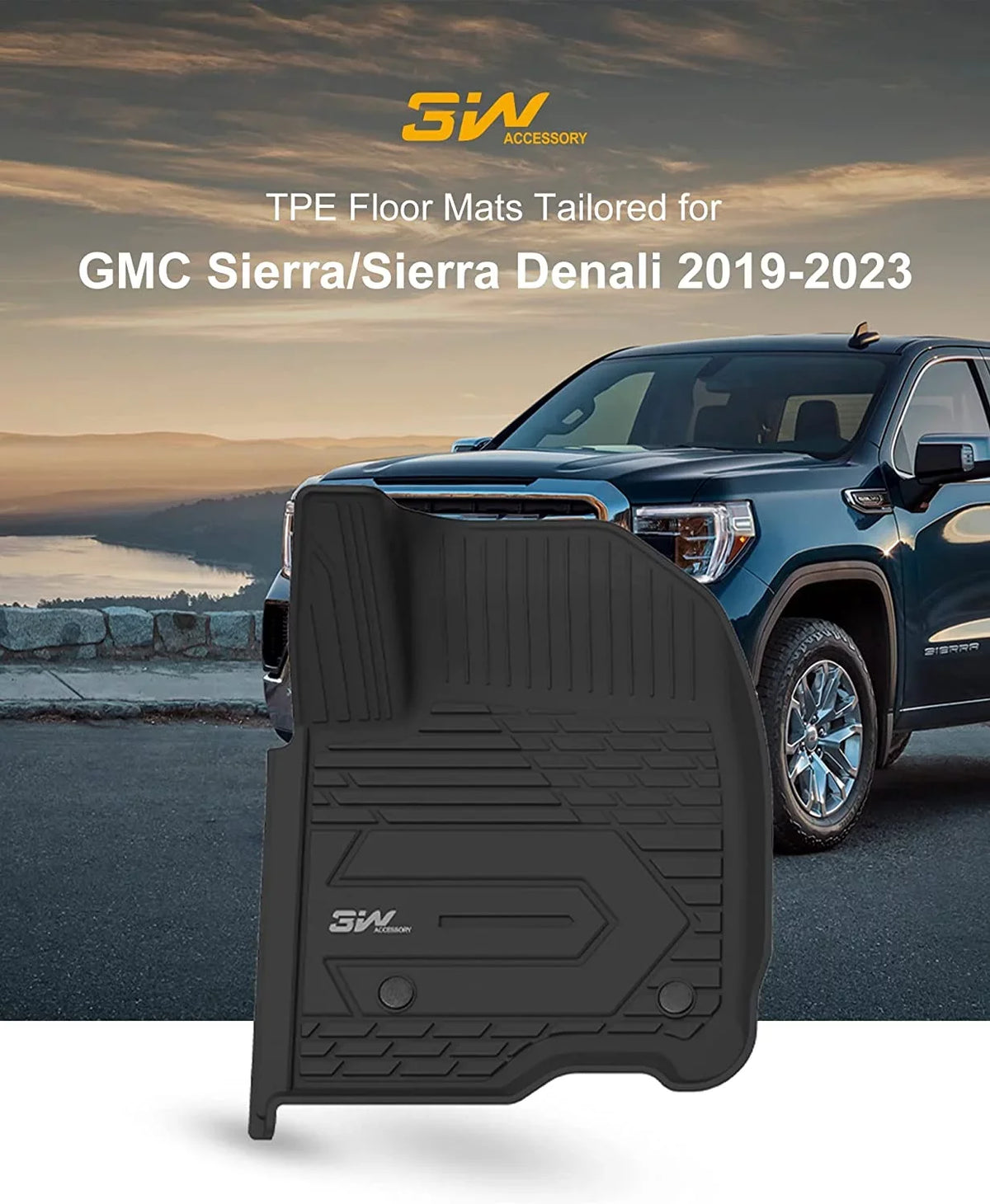 3W Floor Mats for 2019-2023 Chevrolet Silverado/GMC Sierra 1500 & &2020-2024 Chevrolet Silverado/GMC Sierra 2500 HD/3500HD Crew Cab (Don't Fit Double Cab); For with Factory Carpeted Storage