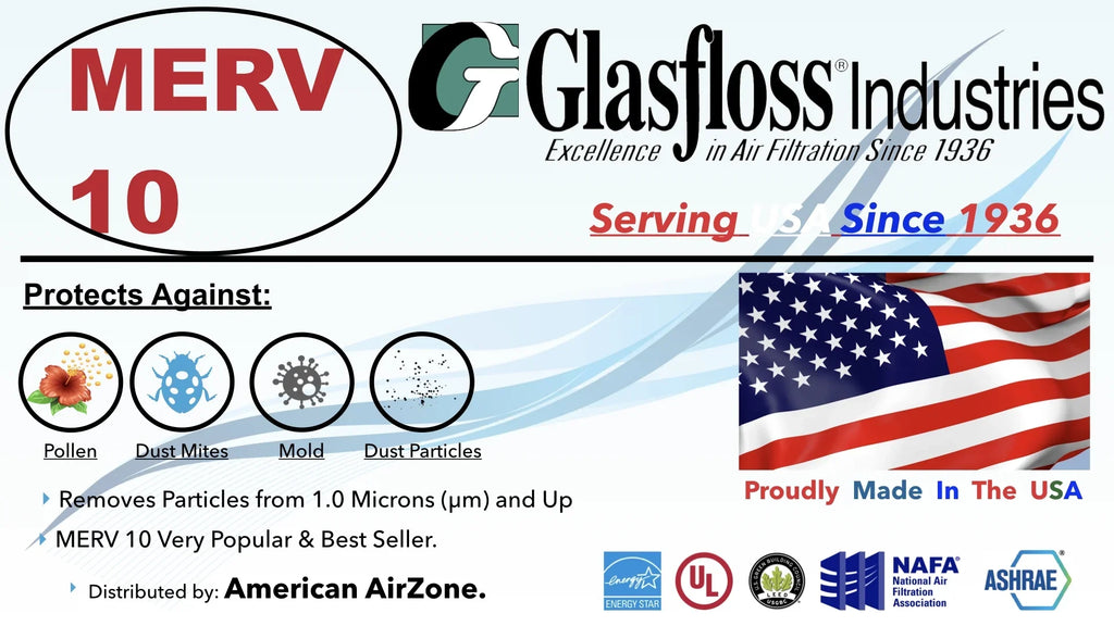 Glasfloss Air Filter 16x20x2 - 2" MERV 10 - (Pack of 12) - Pleated AC or HVAC Air Filter - Furnace Air Filter - Home or Office - Made In The USA.