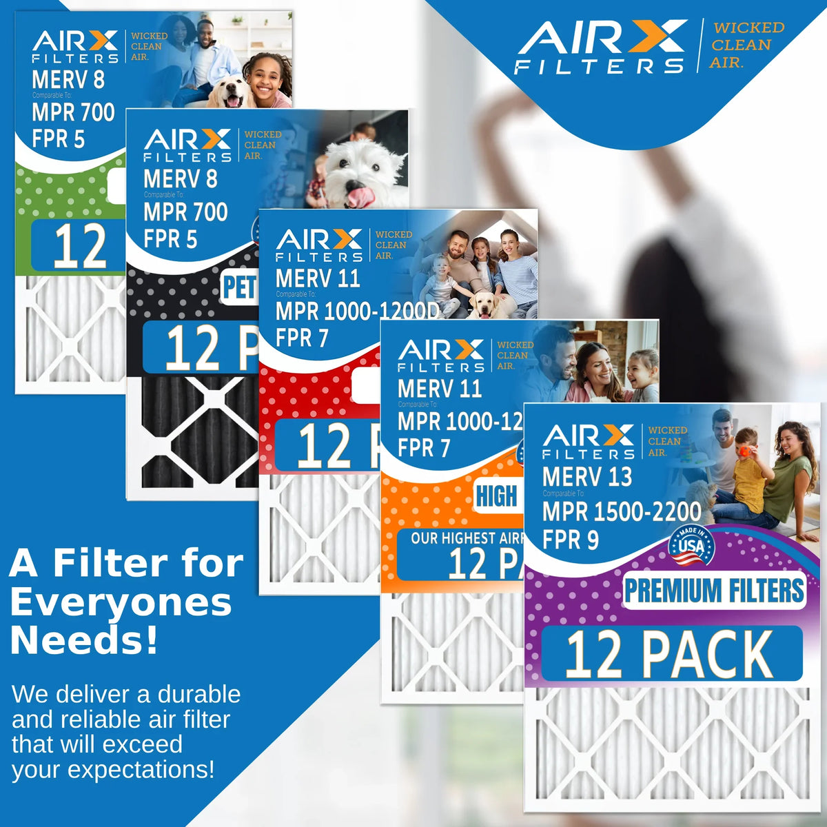 16x20x1 Air Filter MERV 8 Rating; 12 Pack of Furnace Filters Comparable to MPR 700; FPR 5; Pet Odor Retention Filters - Made in USA by AIRX FILTERS WICKED CLEAN AIR.