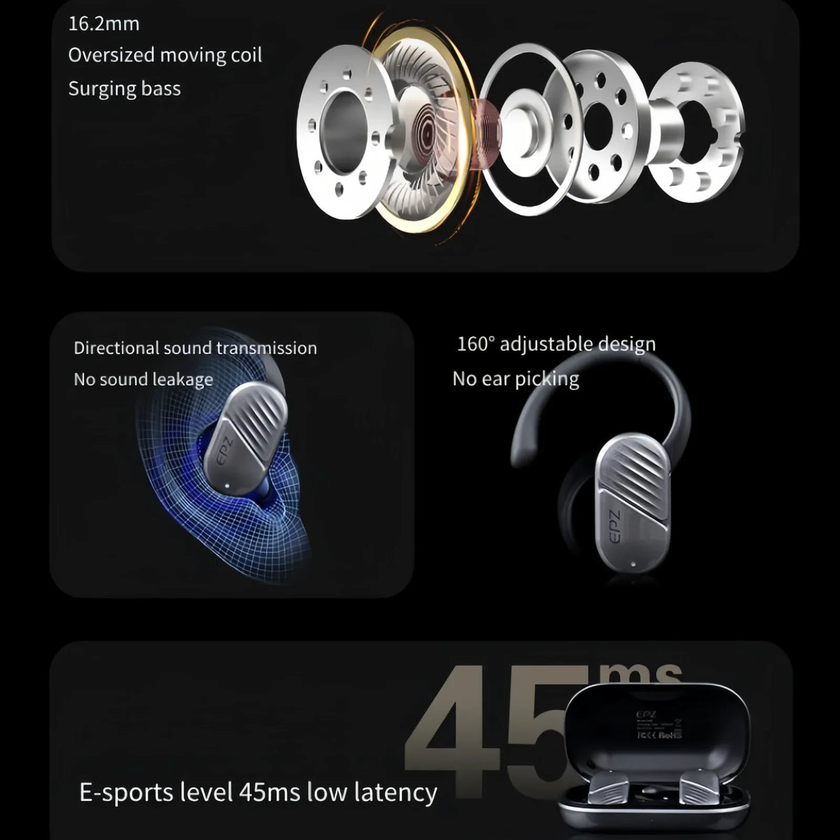 Wireless Earbuds; Bluetooth Headset with Microphone ; IPX7 Waterproof; Epz Bone Conduction Headphones for Sports and Work
