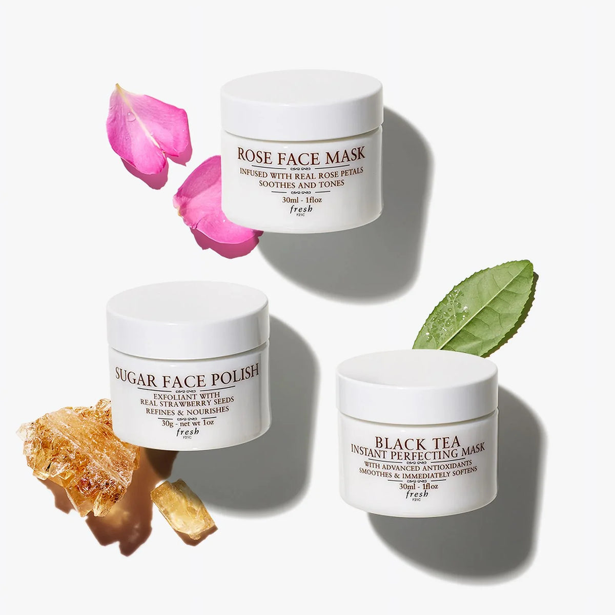 Fresh Face Mask Essentials Gift Set; Facial Masks: Sugar Face Polish; Rose Face Mask; Black Tea; Advanced Antioxidants (Gift Set; 3 Pack) *EN