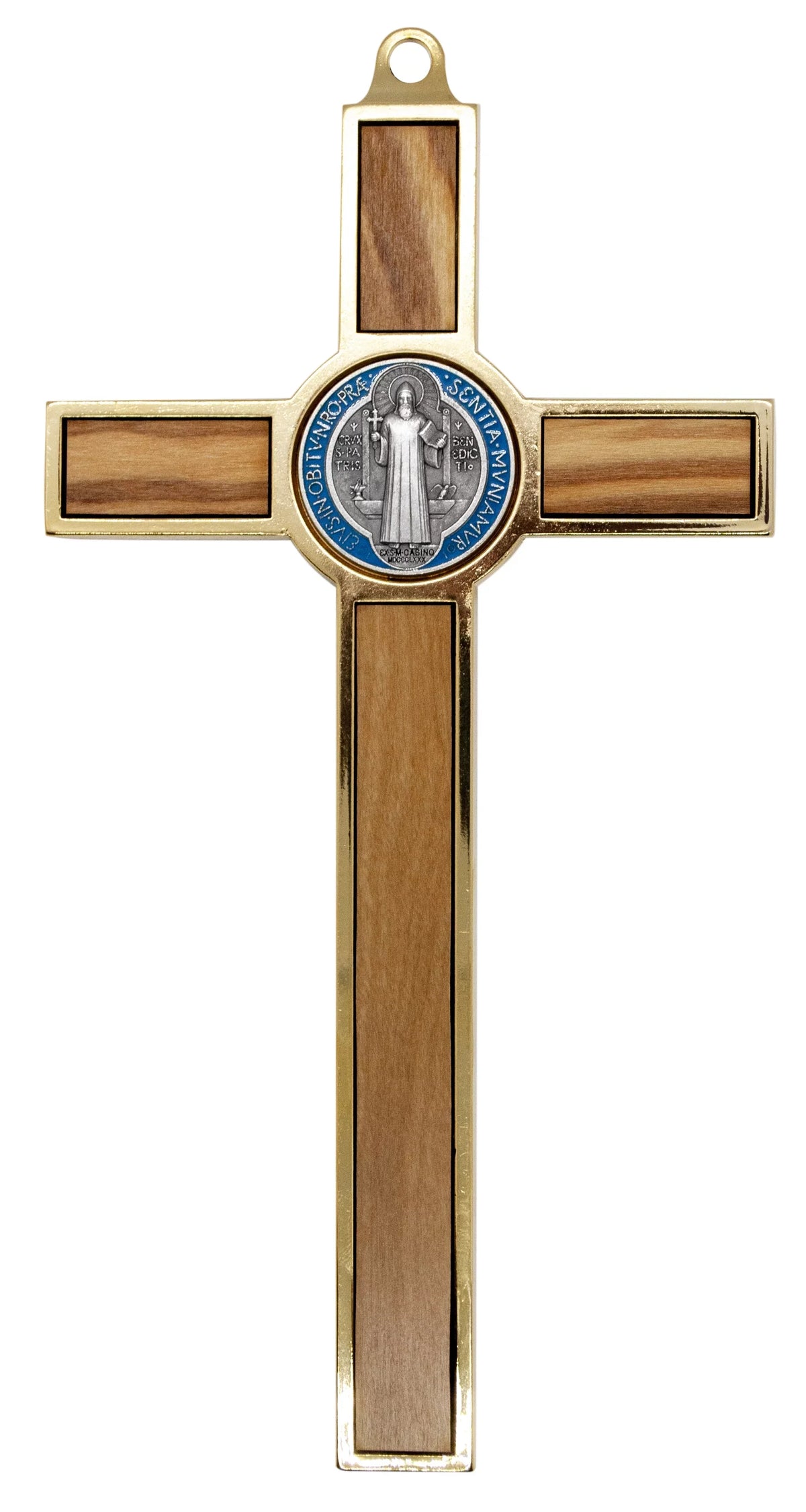 7.75" Gold-Tone St. Benedict Crucifix with Wood Inlays and Colored Medal