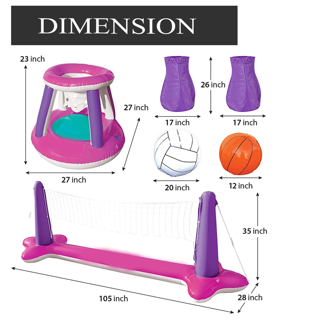 Expandable Volleyball Net & Basketball Hoops Pink Pool Float Set