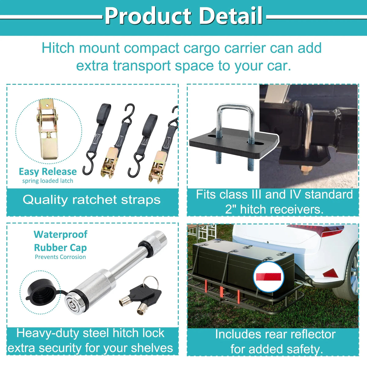 60" x 24" x 6" Hitched Mounted Folding Cargo Basket with Cargo Net; 500lb Capacity for Car SUV Truck Trailer; Black