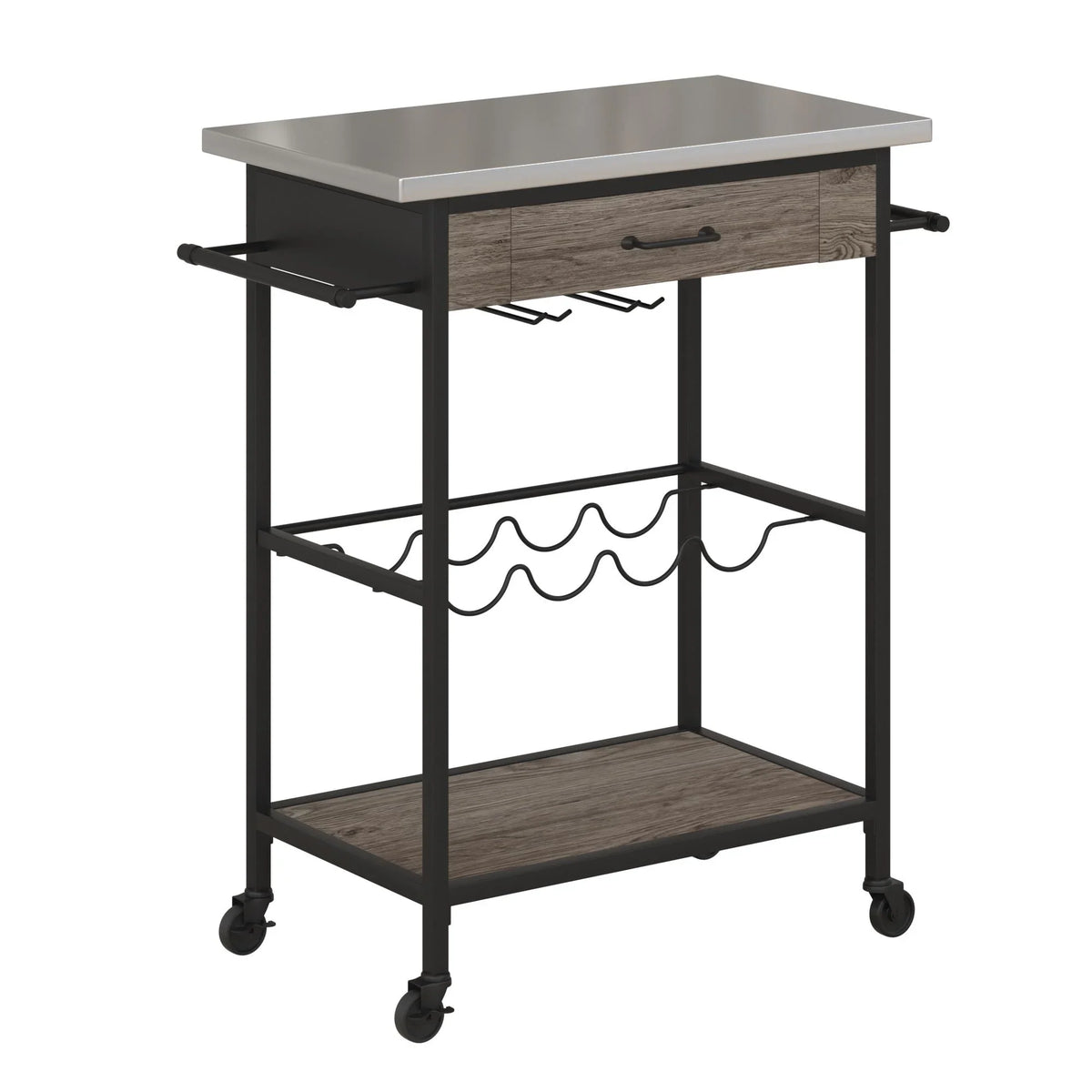 Novogratz Nora Multifunctional Kitchen Cart; Wine Rack and Pantry Storage; Stainless Steel and Black Metal; Brown