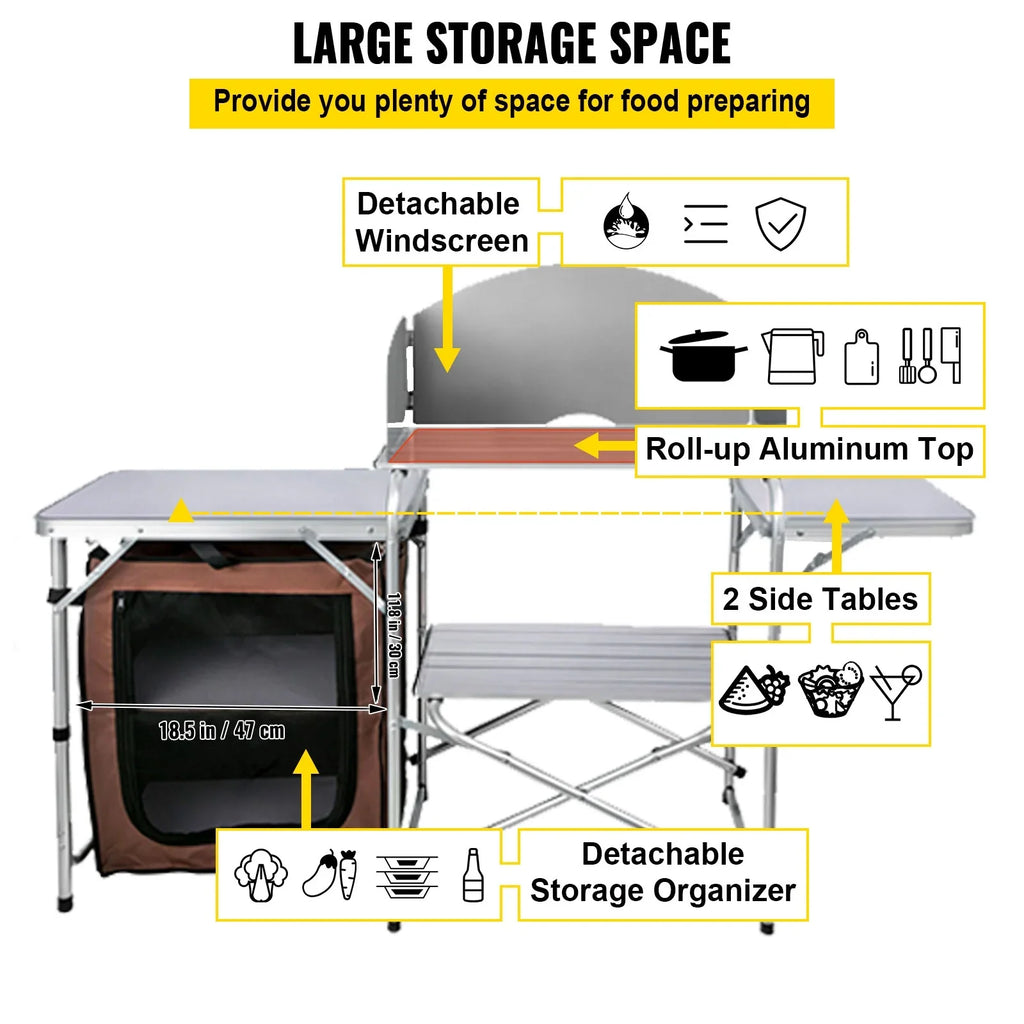 Portable Folding Cook Table for BBQ; Party; Camping; Brown Color; Outdoor Camp Table 2-Tier; Camping Kitchen Table with Zippered Bag