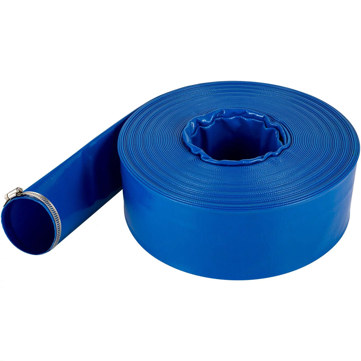 VEVOR Discharge Hose; 1-12" x 105'; Fabric Lay Flat Hose; Heavy Duty Backwash Drain Hose with Clamps; Weather-proof & Burst-proof; Ideal for Swimming Pool & Water Transfer; Blue