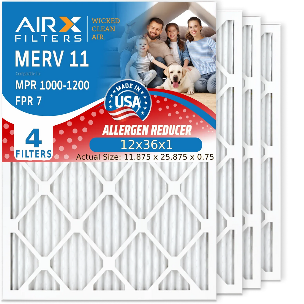 12x36x1 Air Filter MERV 11 Comparable to MPR 1000; MPR 1200 & FPR 7 Electrostatic Pleated Air Conditioner Filter 4 Pack HVAC Premium USA Made 12x36x1 Furnace Filters by AIRX FILTERS WICKED CLEAN AIR.
