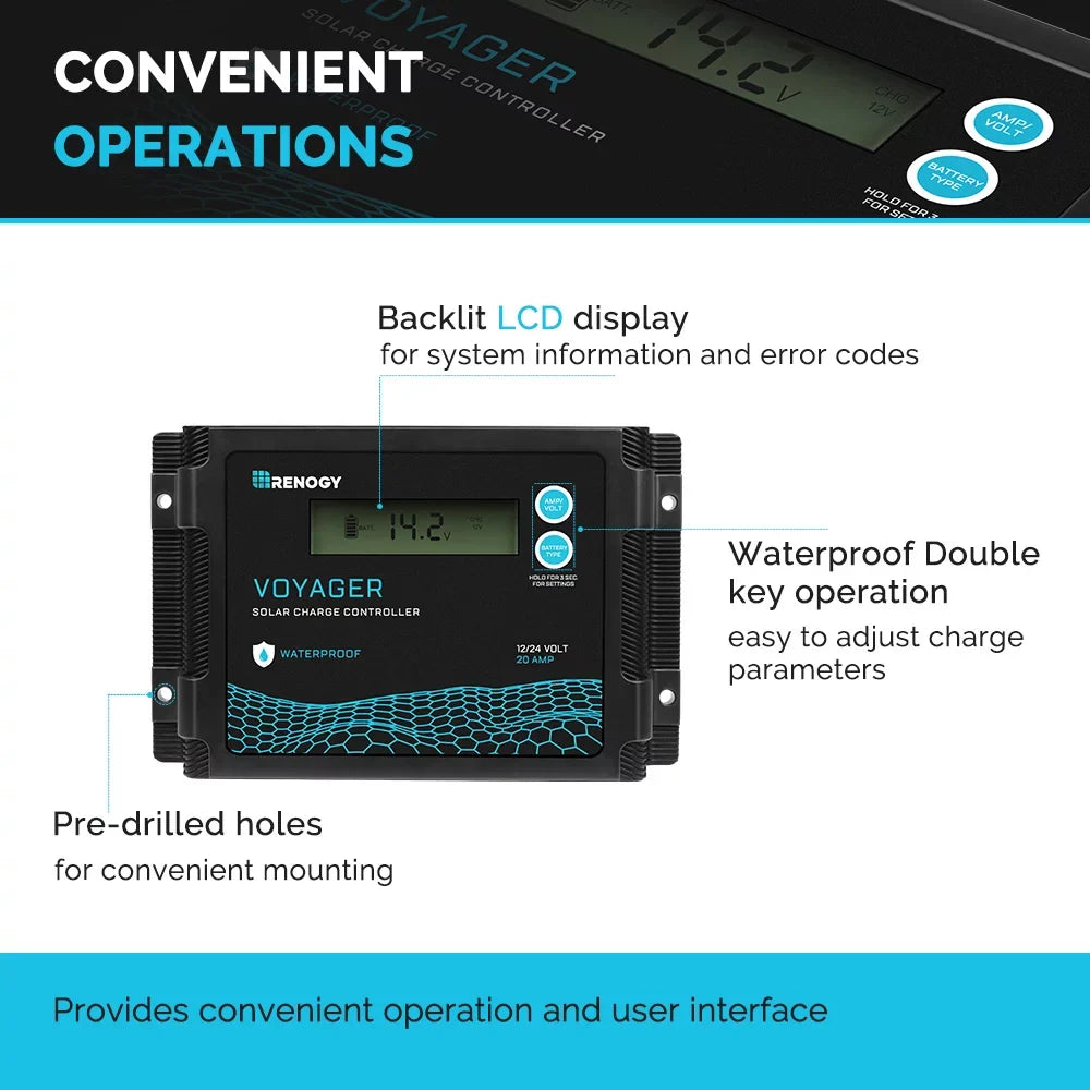 Renogy New Edition Voyager 20A PWM Waterproof Solar Charge Controller