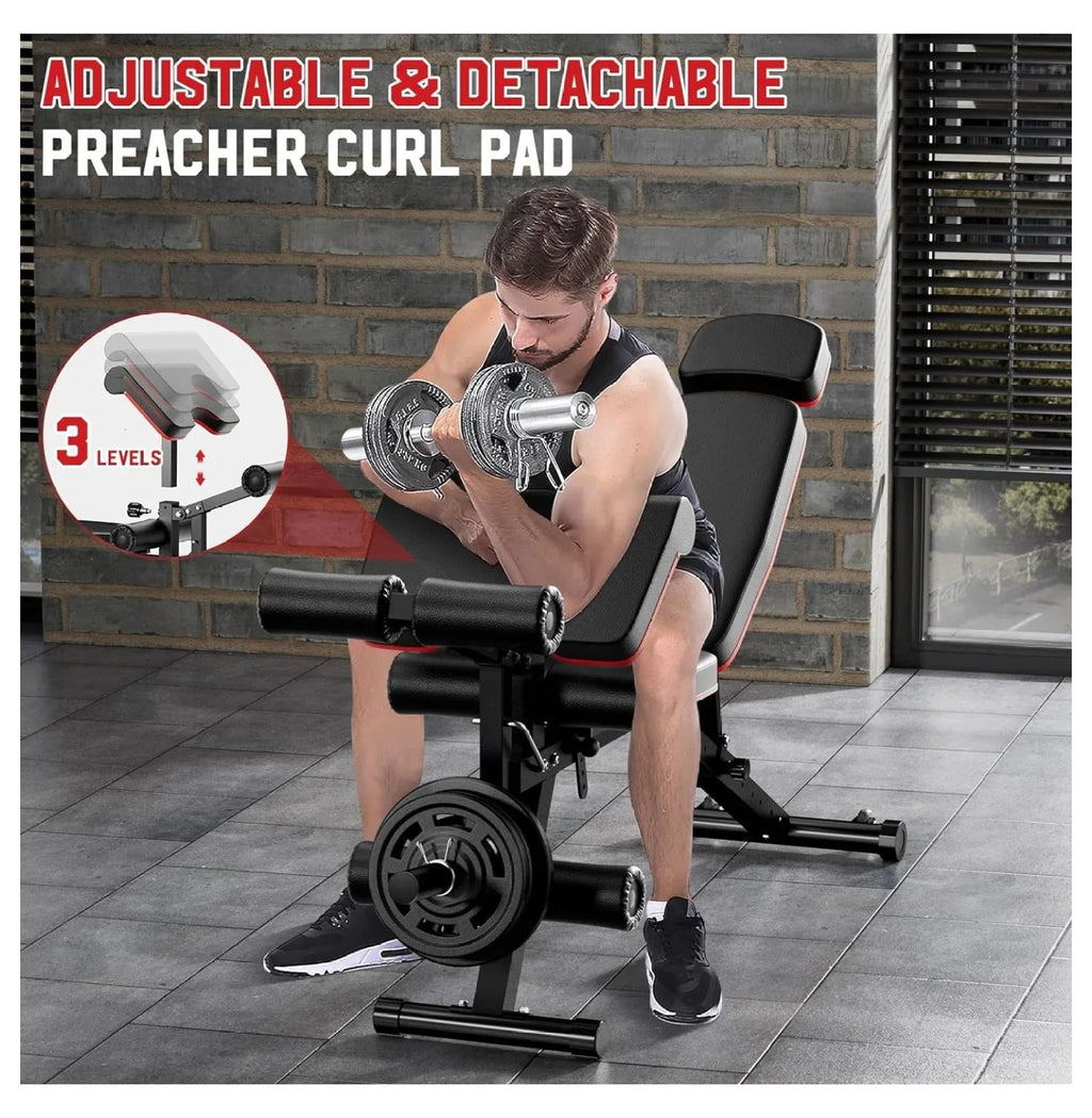 Weight Bench; Workout Bench for Home Gym with Extended Headrest; Leg Extension and Preacher Pad; Incline Decline Flat Adjustable Exercise Bench Full Body Workout; 900Lbs Weight Capacity