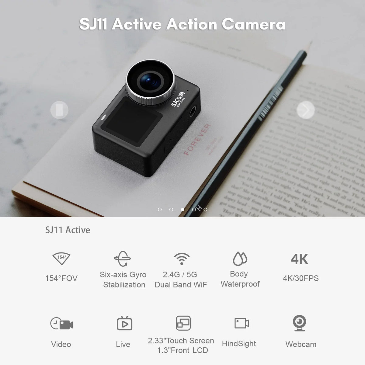 SJ11Active Mini Action Camera - 20MP; Waterproof; Anti-Shake; Dual Screen; Supports Live Streaming; Comes with Waterproof Case and Adapters