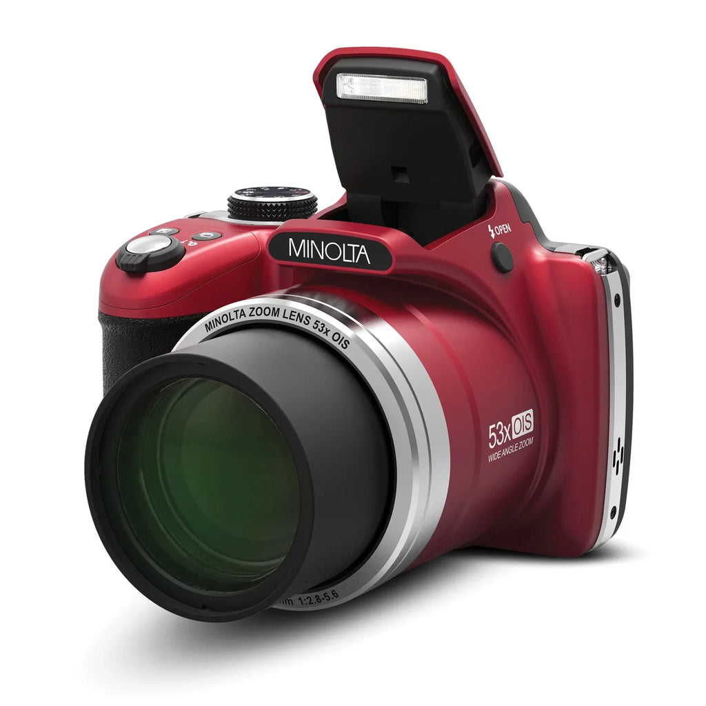 Minolta Pro Shot 16 Mega Pixel HD Digital Camera with 53x Optical Zoom; Full 1080p HD Video & 16GB SD Card (MN53Z Red)