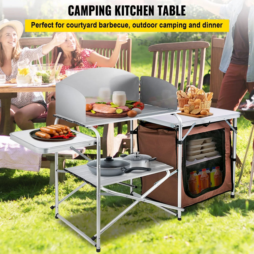 Portable Folding Cook Table for BBQ; Party; Camping; Brown Color; Outdoor Camp Table 2-Tier; Camping Kitchen Table with Zippered Bag