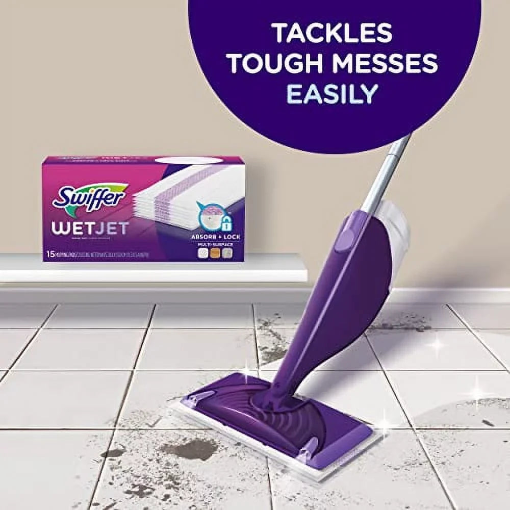 Swiffer WetJet Hardwood and Floor Spray Mop Cleaner Starter Kit; Includes: 1 Power Mop; 10 Pads; Cleaning Solution; Batteries