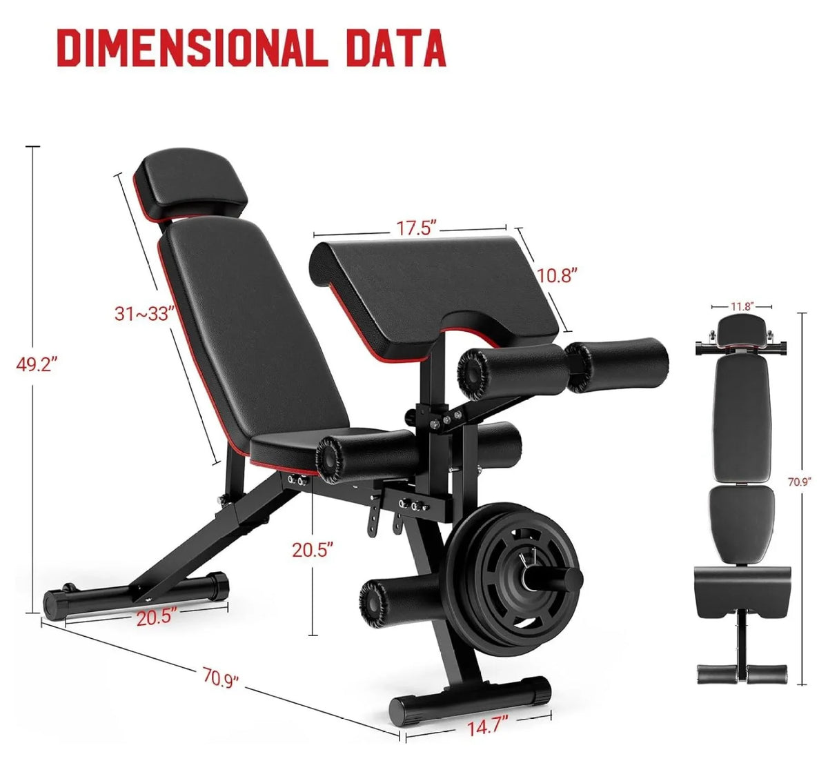Weight Bench; Workout Bench for Home Gym with Extended Headrest; Leg Extension and Preacher Pad; Incline Decline Flat Adjustable Exercise Bench Full Body Workout; 900Lbs Weight Capacity