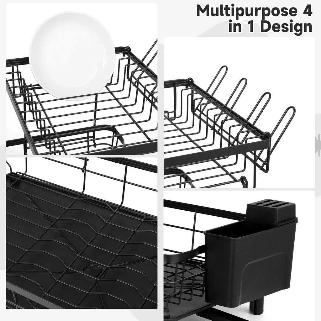 2 Tier Dish Rack and Dish Drainer for Kitchen Counter; Dish Drying Rack with Dish Drainer; Detachable Stainless Steel Dish Drainer Rack with Utensil Holder; Kitchen Dishes Storage and Organizers; Blac