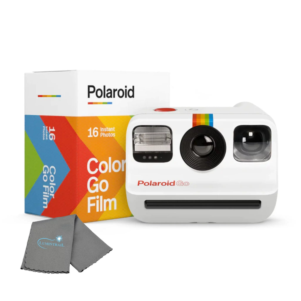 Polaroid Go Instant Mini Camera Starter Set; White Instant Camera with 16 Polaroid Go Color Instant Film Bundle; with a Lumintrail Lens Cleaning Cloth…