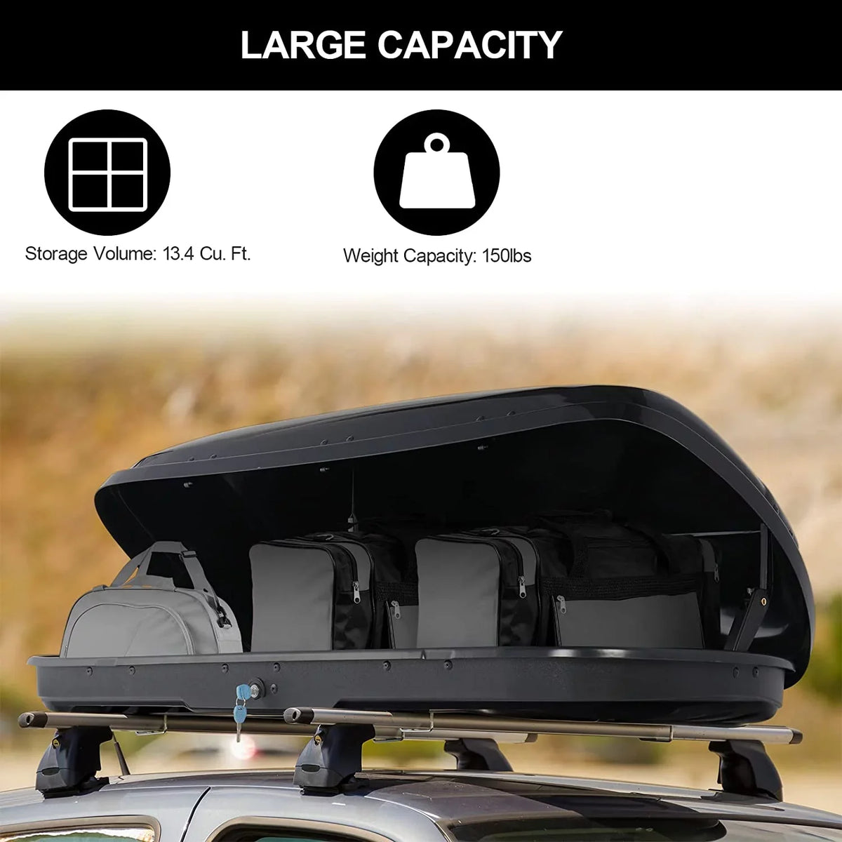 TUFFIOM 13.4 Cubic Feet Rooftop Cargo Box w/Keys; Hard Shell Waterproof Travel Roof Storage Cargo Carrier Luggage Rack; 150LBS Capacity; Dual-Side Opening; for SUV Car Van w/Cross Bars; Black