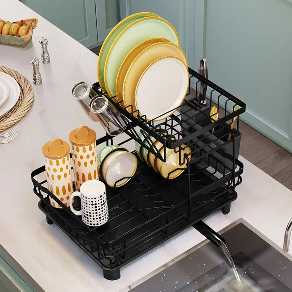 2 Tier Dish Rack and Dish Drainer for Kitchen Counter; Dish Drying Rack with Dish Drainer; Detachable Stainless Steel Dish Drainer Rack with Utensil Holder; Kitchen Dishes Storage and Organizers; Blac