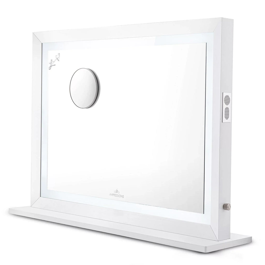 Impressions Vanity Makeup Mirror Liane V. Pro with Speakers and Dimmer Switch; Lighted Desk Mirror with Outer Metal Frame and 3X Magnified Mirror for Tabletop or Wall Mount (White)