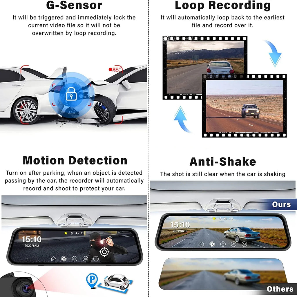 10" Touch Screen Mirror Dash Camera; 1080P Dual Dash Cam Kit Front and Rear View; Backup Camera for Cars; Super Night Vision; Motion Detection;Reversing Assistance; Loop Recording