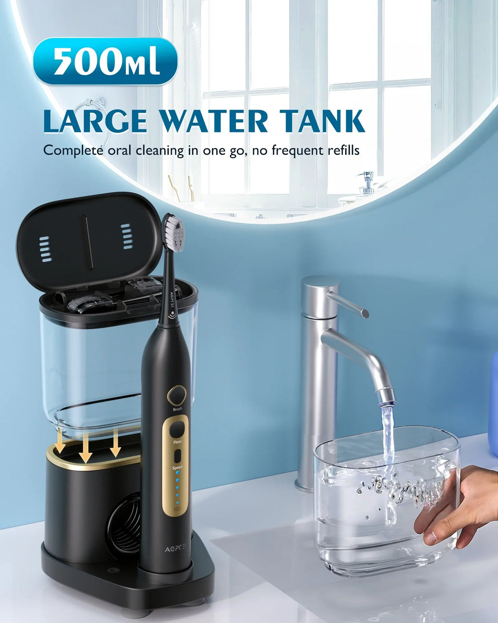 AGPTEK Water Flosser and Electric Toothbrush Combo; 2 in 1 Cordless Water Flosser & Sonic Toothbrush with 5 Levels for Teeth; Gums; Braces - 14 Days Battery Life; 500ML; IPX7 Waterproof