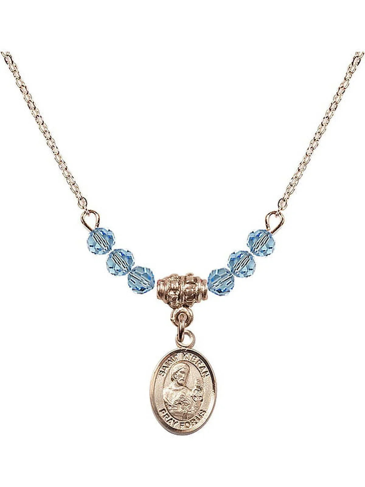 18-cm Hamilton Gold Plated Necklace with 4mm Blue March Birth Month Stone Beads and Saint Kieran Charm