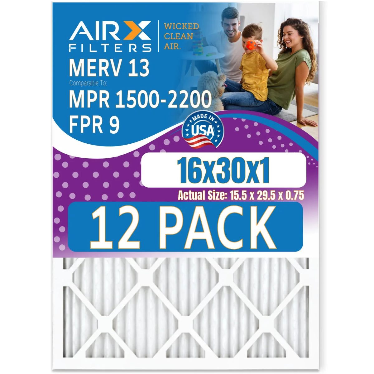 16x30x1 Air Filter MERV 13 Rating; 12 Pack of Furnace Filters Comparable to MPR 1500 - 2200 & FPR 9 - Made in USA by AIRX FILTERS WICKED CLEAN AIR.