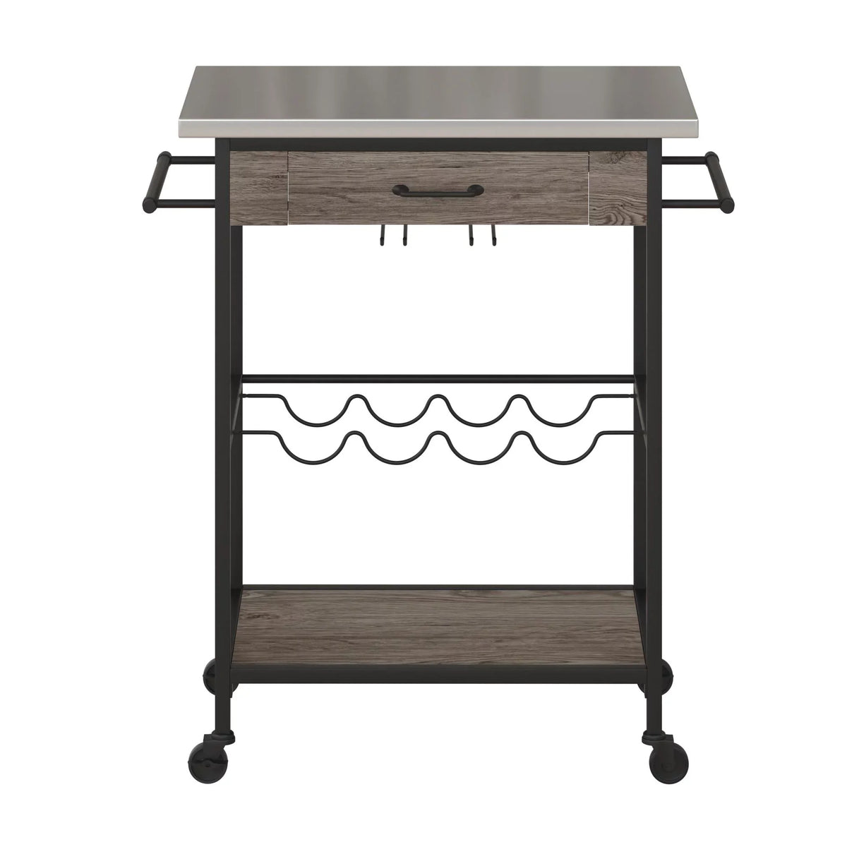 Novogratz Nora Multifunctional Kitchen Cart; Wine Rack and Pantry Storage; Stainless Steel and Black Metal; Brown