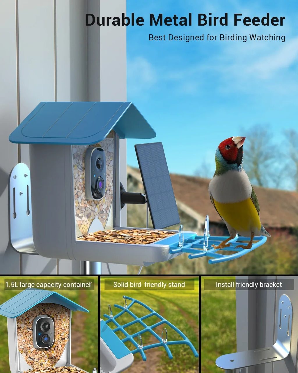 TMEZON Smart Bird Feeder with Camera; Bird Feeder House with 1080P Battery Security Camera Solar Powered Auto Capture Bird Videos Wireless Outdoor